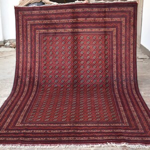 7x10 Stunning Afghan Hand-Knotted Vintage Rug/ Fine Bokhara Oriental Rug/ Red Antique Tribal Carpet/ Traditional Turkmen Rug for Living Room