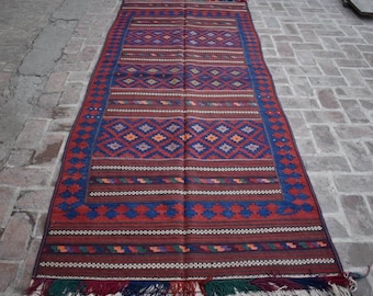 Vintage Afghan Kilim Rug, Handwoven Wool, Tribal Design 4x10'3