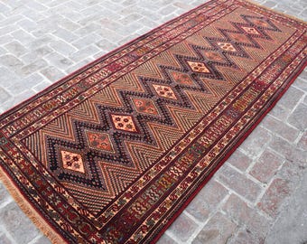 Vintage Afghan Wool Rug, 4x10 Tribal Runner, Geometric Heriz Design