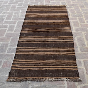 Kilim Rug 3x7&#39;1 Vintage Afghan Rug/ Brown Geometric Flat Weave Area Rug/ Handmade Wool Rug/ Turkmen Tribal Rug/ Bedroom Rug 3x7 Kitchen Rug