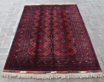 4x6 Hand Knotted Afghan Turkmen Wool Rug, Vintage Khal Muhammadi Carpet