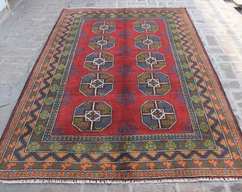 6x8 Hand Knotted Afghan Wool Rug, Red Oriental Area Rug