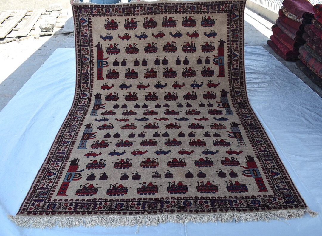 Vfw Rugs Vintage Afghan War Rug 7x10, Handmade Pictorial Wool Rug - Etsy