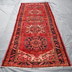 Antique Runner Rug 3&#39;9x11&#39;4 1960s Vintage Caucasian Wide Rug/ Red Antique Oriental Rug/ Handmade Wool Rug/ Hallway Runner/ Kitchen Rug 4x11