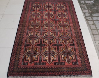Hand Knotted Wool Baluch Rug, 3'8 x 6'1, Vintage Afghan Tribal Rug