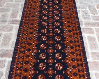 ヴィンテージ トルクメン ボハラ ランナーラグ、3x10 ネイビーブルー
