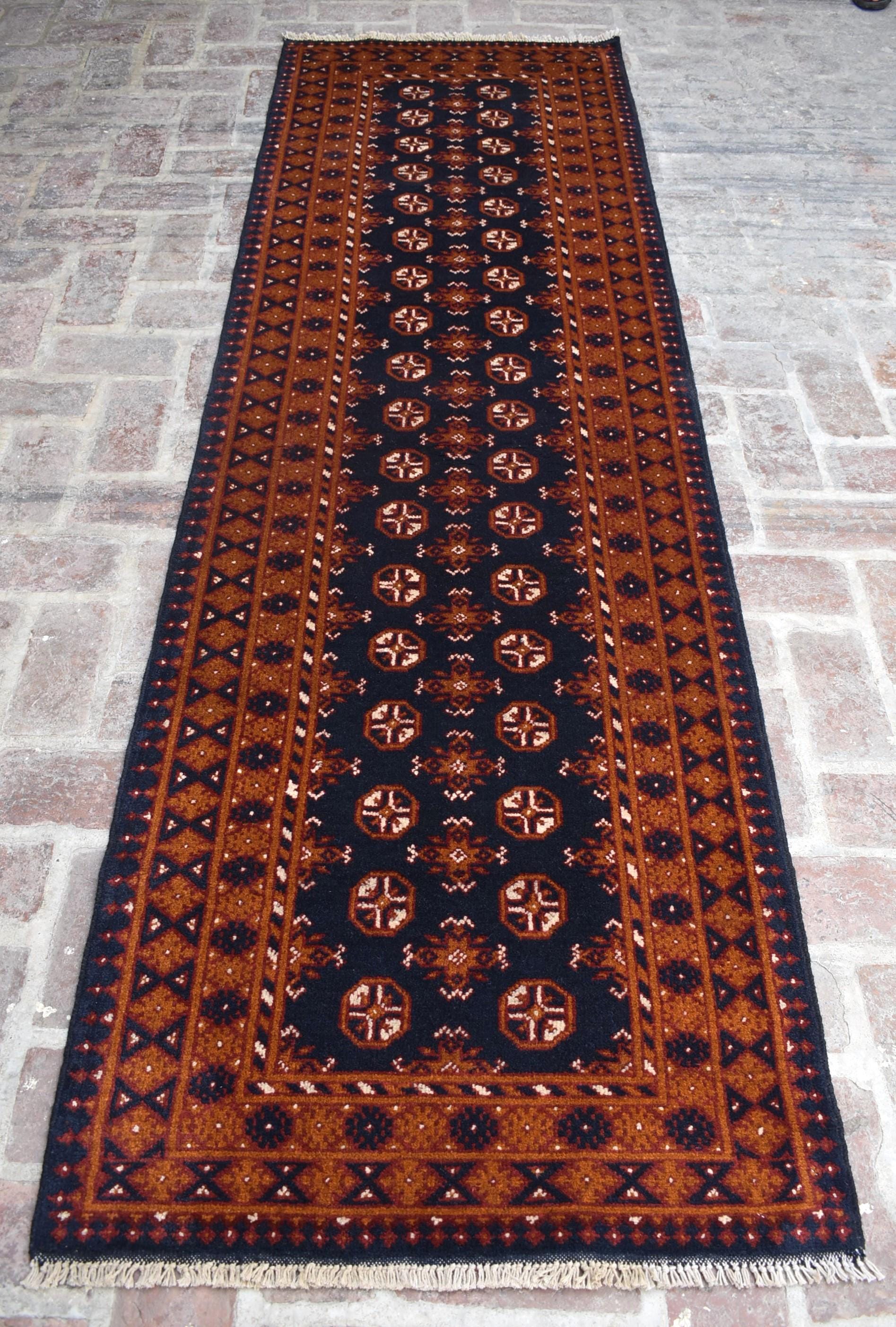 ヴィンテージ トルクメン ボハラ ランナーラグ、3x10 ネイビーブルー