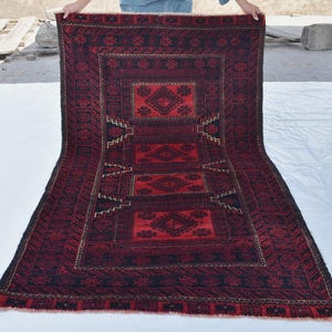 Alfombra antigua de los años 40, 10 x 18 cm, estilo afgano vintage, de lana anudada a mano, oriental turcomana, tribal baluch roja, para dormitorio y cocina.