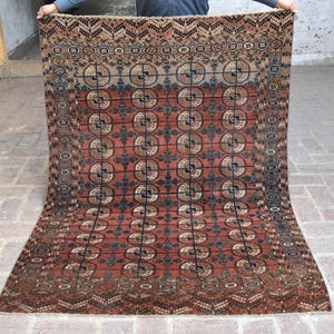 1900s Antique Rare Turkoman Tekke Rug/ 4&#39;7x6&#39;3 ft Collector&#39;s Rug Over 100 Years Old Hand-Knotted Turkmenistan Rug/ One-of-a-Kind Wool Rug