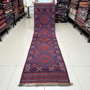2x8 ft Runner Rug, Navy Red Vintage Afghan Rug, Turkmen Bukhara Runner, Tribal Baluch Runner Rug, Hand-Knotted Wool Carpet, Hallway Runner