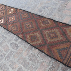 12 ft Runner Rug/ 2x12 Antique Hand Woven Afghan Tribal Rug Runner/ Vintage Turkmen Flat Weave Kilim Rug/ Hallway Rug Runner For Kitchen Rug