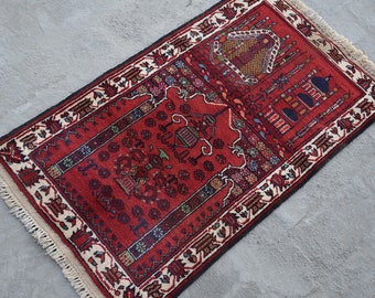 Hand Knotted Afghan Turkmen Wool Rug, Vintage Prayer Rug 2x3 ft