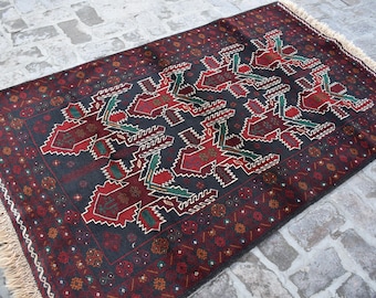 4x7 Vintage Afghan Baluchi Rug, Navy Blue, Red Handmade Wool, Geometric Tribal Design Carpet