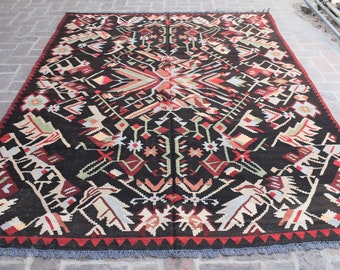 7x10 Handwoven Caucasian Kilim Rug, Vintage Geometric Wool Area Rug