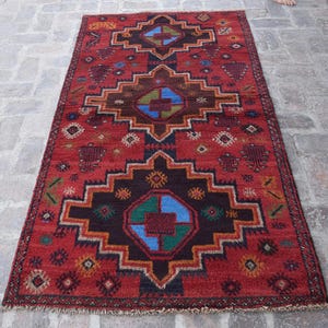 Alfombra afgana antigua de 4x7/Alfombra baluch turcomana vintage geométrica roja/Alfombra tribal turcomana fina anudada a mano/Alfombra de diseño caucásico/Alfombra de lana