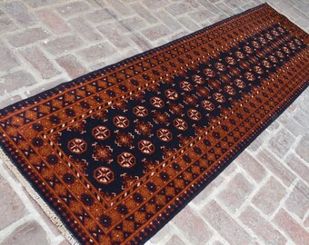 ヴィンテージ トルクメン ボハラ ランナーラグ、3x10 ネイビーブルー