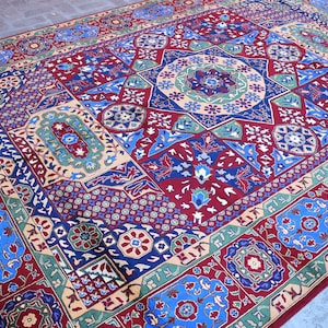 9x12 Large Afghan Oriental Turkmen Vintage Rug/ Hand Knotted Wool Rug/ Tribal Geometric Rug/ Red Navy Blue Rug/ Dining Room/ Living Room Rug