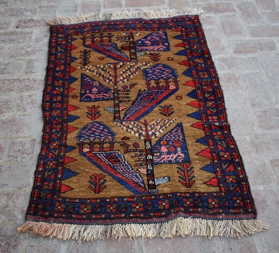 70s vintage】151cm×91cm アフガンラグ バルーチ族 刺繍 70s vintage