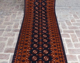 ヴィンテージ トルクメン ボハラ ランナーラグ、3x10 ネイビーブルー