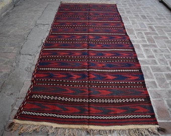 Vintage Afghan Kilim Rug, Handwoven Wool Qalaino Rug (4'3 x 7'8 Feet), Oriental Decor