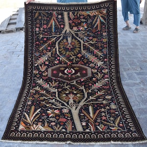 Vintage Pictorial Rug 4&#39;3 x 6&#39;11 Tree Of Life Hand Knotted Area Rug/ Blue Antique Oriental Afghan Rug/ 1960s Baluch Rug/ 4x7 Living Room Rug