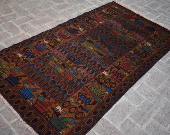 Vintage Afghan War Rug, Hand-Knotted Wool, Tribal Design 3'7 x 6'9