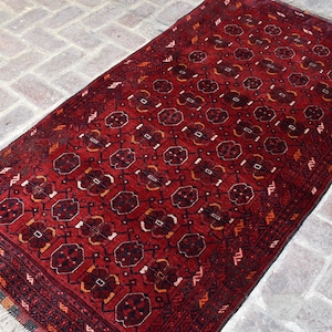 Alfombra turca antigua fina de 1,2 x 2,1 m, alfombra Kunduz Bashiri roja anudada a mano, alfombra afgana vintage, alfombra de lana teñida con vegetales, alfombra tribal, alfombra oriental