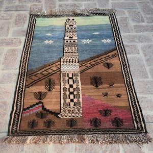 2&#39;9 x 4&#39;3, One of a kind handmade vintage afghan baluch pictorial rug, 100% wool rug, Pictorial design rug, Afghan rug, Antique rug, 3x5 rug