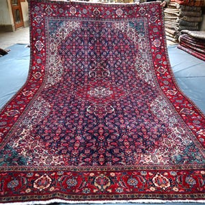 7x10 Vintage Caucasian Rug/ Fine Antique Blue Red Turkmen Oriental Rug/ Geometric Hand Knotted Wool Area Rug/ Living Room Rug/ Bedroom Rug