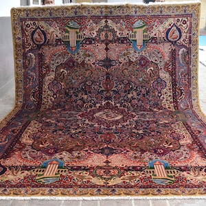 10x13 Antique Pictorial Rug, Authentic Hand Knotted Vintage Oriental Rug, Large Afghan Caucasian Rug, Tribal Rug, Area Rug for Living Room