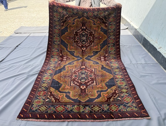 Afghan Vintage Rug 4x7 One of a Kind Baluchi Tribal Rug - Navy Blue Olive Green Hand Knotted Wool Rug, Geometric Bedroom Living Room Carpet