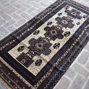 1960s Vintage 3&#39;7x7&#39;5 Afghan Baluchi Rug/ White Navy Blue Turkmen Tribal Rug Collector&#39;s Geometric Antique Rug 4x8 Oriental Hand-Knotted Rug