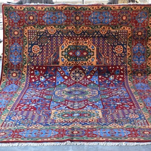 9x12 Large Afghan Vintage Turkmen Oriental Rug/ Fine Hand Knotted Veg Dyes Wool Rug/ Red Navy Geometric Rug/ Dining Table/ Living Room Rug