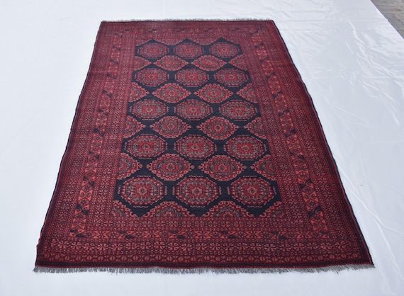 4x6 Vintage Afghan Rug, Hand-Knotted Turkmen Wool Carpet