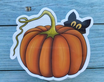 Sticker | Peeping Black Cat and Pumpkin sticker, spooky sticker, Halloween sticker, pumpkin patch sticker