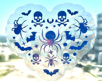 Halloween heart with spiders window cling sun catcher, Halloween window cling, witchy rainbow prism, spooky vibes decor