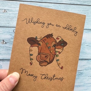 Carte de Noël drôle | carte de Noël vache, carte pour amateur de vache, carte de jeu de mots de Noël, carte de Noël humoristique, carte de vœux Kraft