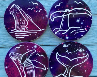 Ceramic coaster set with cork bottom, galaxy print four coaster set, whale home decor, whale bar decor, ocean themed gift