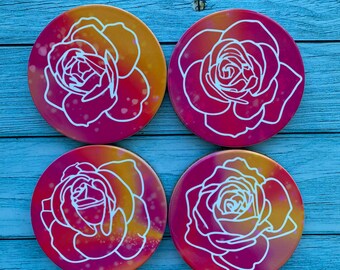 Rose ceramic coasters, four coaster set, ceramic coaster with cork bottom, floral Mother’s Day gift