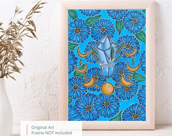 May include: A framed print of a blue crystal surrounded by blue flowers and gold moons on a blue background. The text "Original Art" and "Frame NOT included" is at the bottom of the image.