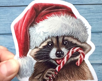 Sticker | Christmas raccoon sticker, fun holiday sticker, gift for school friend, stocking stuffer idea for teacher, Toronto gift idea