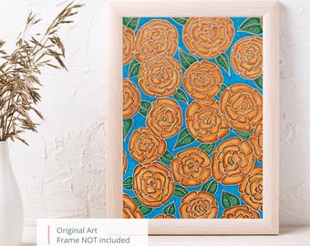 Original Art | floral artwork in mixed media 20cm x 25cm (7.9” x 9.84”), orange flowers original art, gold artwork