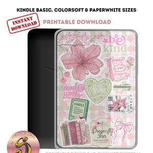 May include: Kindle case insert with a floral and book-themed design. The insert features pink flowers, cherries, and the text "be kind" and "Read Books". The design is for Kindle Basic, Colorsoft & Paperwhite sizes. The words "Instant Download" are also visible.