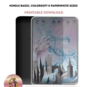 Puede incluir: Insert para funda Kindle con diseño de castillo, con un dragón y detalles en azul y morado. Se muestra el texto "KINDLE CASE INSERT" y "PRINTABLE DOWNLOAD". Compatible con Kindle Basic, Colorsoft y Paperwhite.