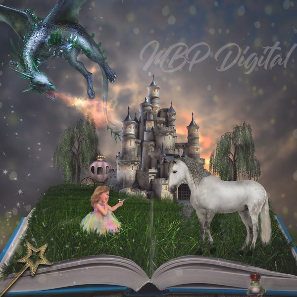 Castle / Princess storybook digital background. Instant download. Dragon, Castle, fairytale digital backdrop