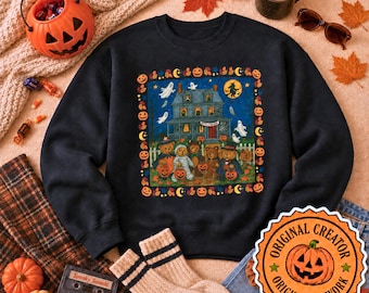 Vintage Halloween Sweatshirt | Trick-or-Treat Bears, Haunted House Crewneck