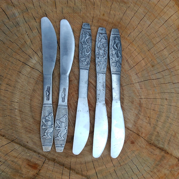 Collectible knives set Nu Pogodi cartoon, Just You Wait, Vintage stainless steel knife, shabby cutlery