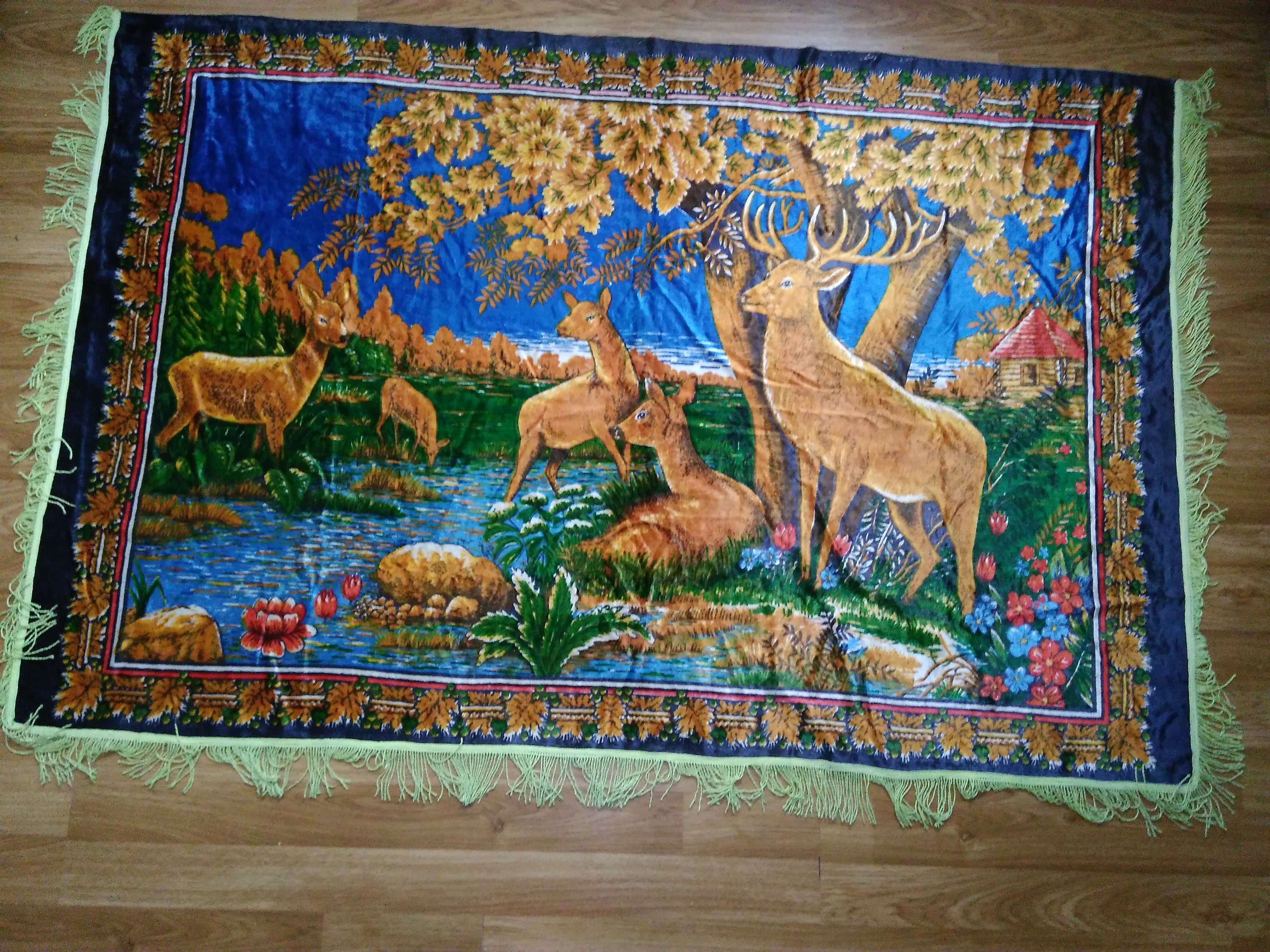 103 # Vintage blanket cover Plush decorations of the Soviet period 50-60 years of the USSR gobilen Reindeer Deer water river a Ukrainian