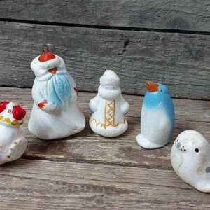 Vintage unbreakable Christmas tree ornaments, Unique set of 5 items, Santa-maiden-penguin-rooster-seal, New Year tree decor