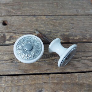 Vintage Ceramic & Metal Door Knobs, White Porcelain Cabinet Pulls Silver tone Floral Relief, Antique Style Furniture Hardware, Set of 2